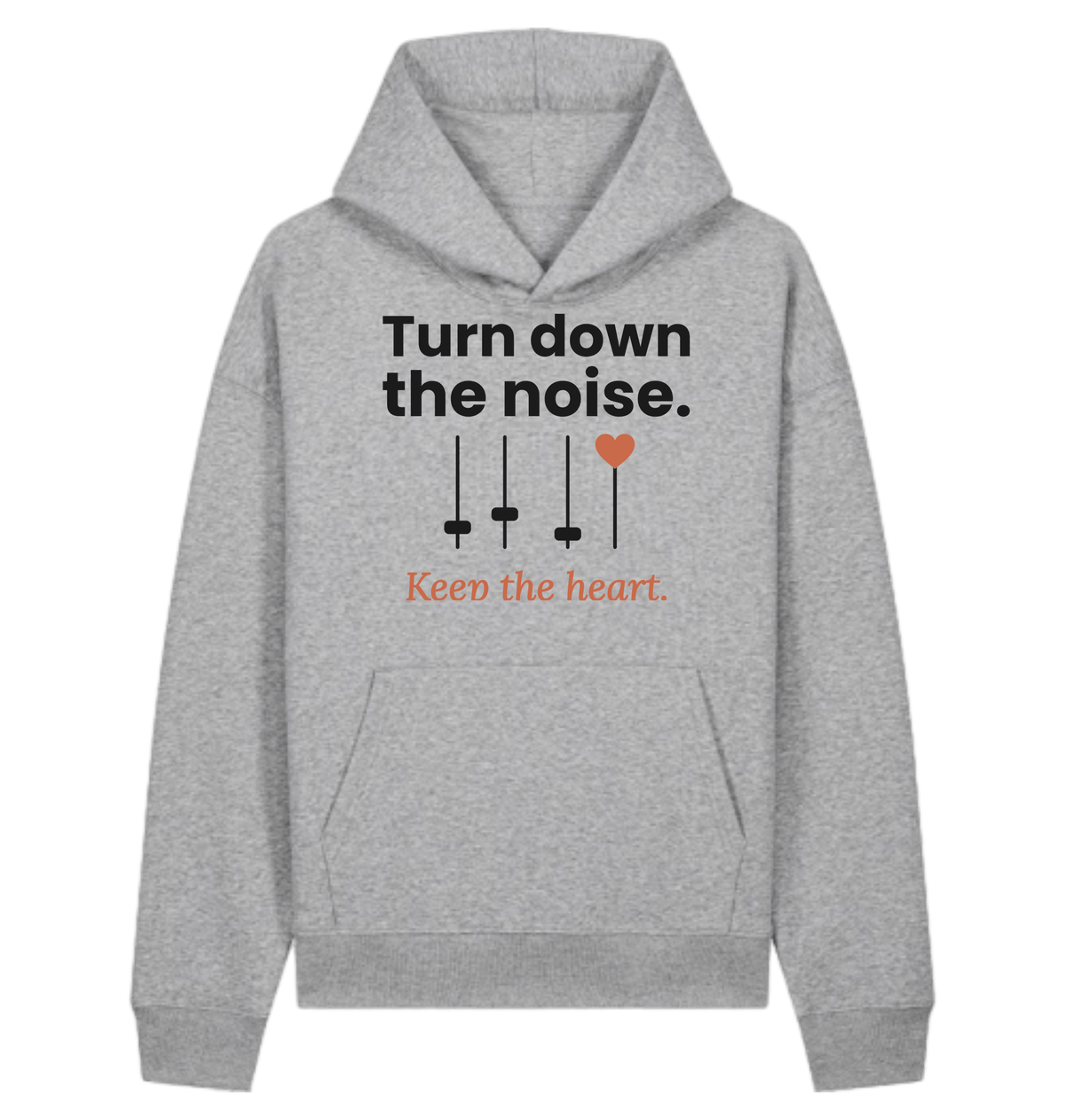 Herren Hoodie „Turn down the noise. Keep the heart.“ von ON2U – Heather Grey, Frontdruck