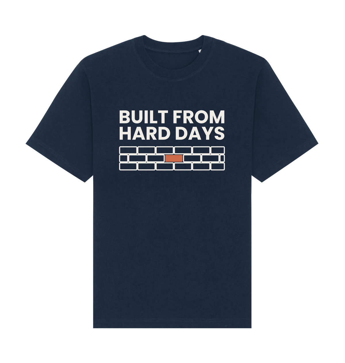 Damen T-Shirt „Built from hard days“ von ON2U – French Navy, Frontdruck