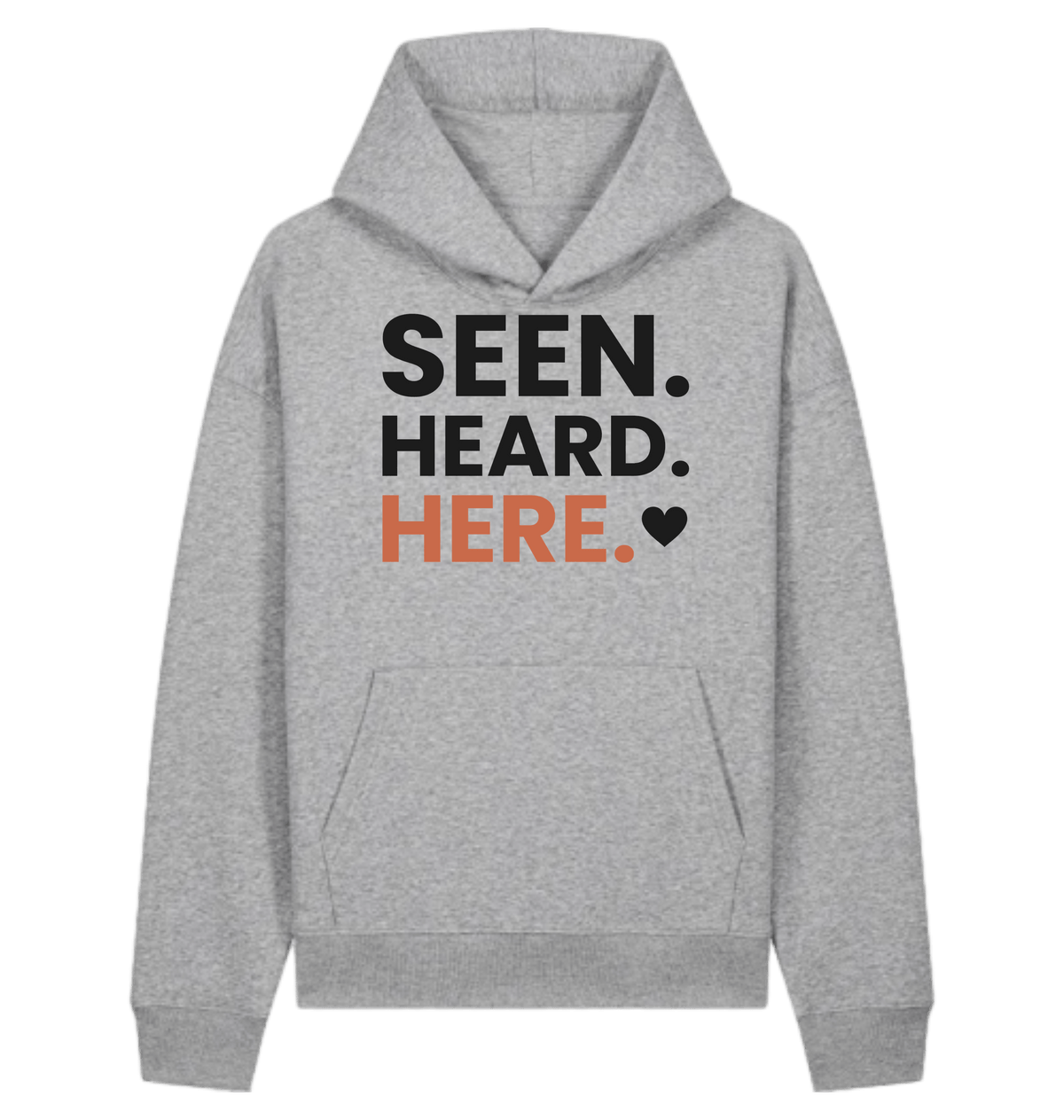 Herren Hoodie „Seen. Heard. Here.“ von ON2U – Heather Grey, Frontdruck